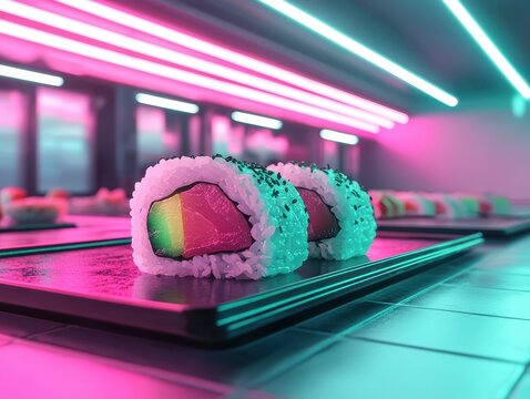 A glowing sushi roll levitating in front of a futuristic sushi bar with neon lights, Cyberpunk, bright green and pink highlights.