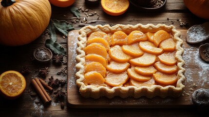 Delicious pumpkin tart with golden baked crust, surrounded by pumpkins and nuts on a rustic surface.
