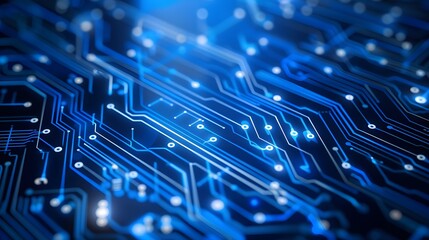 Abstract close-up of a blue and white circuit board, with glowing connections, and a blue light in the background.