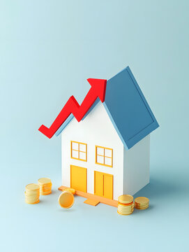 A house with a red arrow pointing upwards and a pile of gold coi