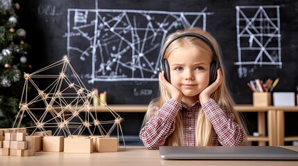 A little girl with blonde hair sits at a desk in front of a laptop, looking sad while attending an online math class in a classroom with a blackboard