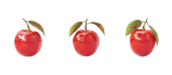 Red acerola berries isolated on white background, different angles and positions, front view, side view