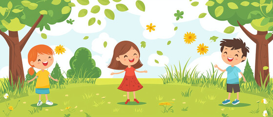 **Description:** Kids joyfully playing outdoors among trees and falling leaves on a sunny day, celebrating nature and friendship.