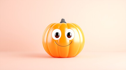 Ultra Minimalistic Cute Halloween Pumpkins, Festive Trendy Funny 3D Cartoon Background. Geometric, Colorful, Realistic Abstract Scene. Jack-o-Lantern Faces, Eyes, Mouths. Seasonal Marketing Banner Art