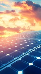 Close-up of solar panels with sunset sky.