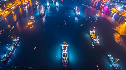Fototapeta premium Nighttime Aerial View of Ships in Harbor