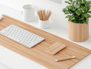 Minimalist Desk Setup with White Keyboard, Wooden Accessories, and a Green Plant for a Clean and Organized Workspace