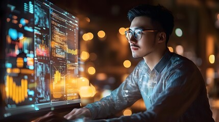 Determined Analyst Examining Financial Data and Charts on Futuristic Digital Dashboard