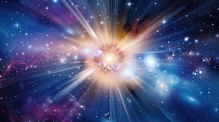 Naklejka premium Big Bang colorful space galaxy fog cloud nebula. Universe science astronomy and stary night cosmos mockup background. Supernova concept wallpaper