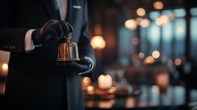 A butler stands tall in a polished black suit, holding a brass bell with one gloved hand, ready to summon service in an upscale environment filled with soft lighting