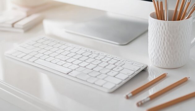 Minimalist White Desk Setup for Productivity Clean Workspace with Stationery, Keyboard, and Tools to Boost Focus and Efficiency