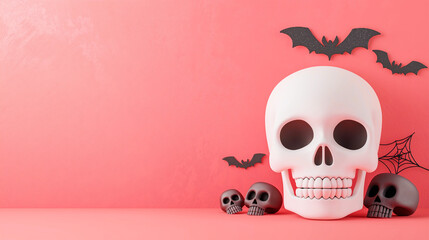 Large White Skull with Ghosts and Bats, Funny Trendy 3D Cartoon Icons, Joyful Happy Halloween Background. Scary, Spooky, Childlike. Traditional Festive Decoration, Celebration, Abstract Party Banner