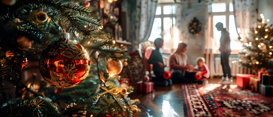 Naklejka premium Imagen de una casa en navidad con un árbol navideño enfocado 
