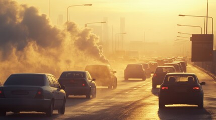 Fototapeta premium Cars in a Smoggy City at Sunset.
