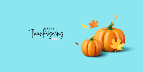 3D pumpkins with leaves, Happy Thanksgiving Day. Modern banner for American Family Holiday celebration concepts. Postcard, invitation. Vector illustration.