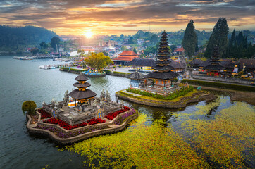 Pura Ulundanu Bratan Temple on Bratan Lake in Bali Island Bali temple, important landmark of...