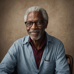 Elderly African American man with gray hair and glasses, wearing blue shirt and red sweater, sitting and smiling against plain background