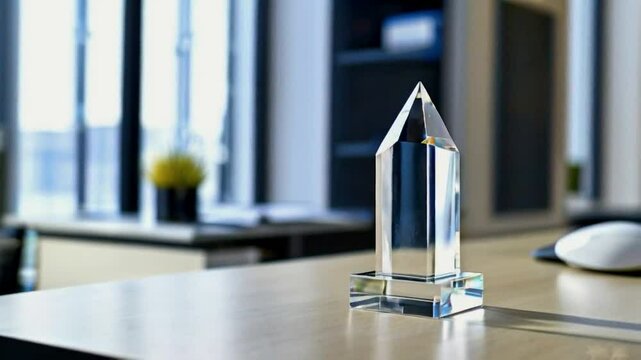 A clear crystal trophy with a pointed top displayed on a desk in an office environment.