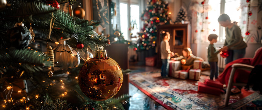 Escena familiar en una casa en navidad con &aacute;rbol navide&ntilde;o