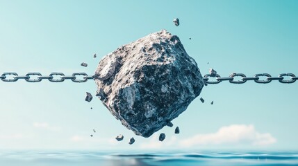 Broken Chains of Commerce: A small, floating marketplace tethered by fragile chains to a large, immovable economic boulder