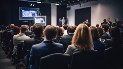 businessmen and businesswomen in conference room, listening to the speakers which is on stage attentively