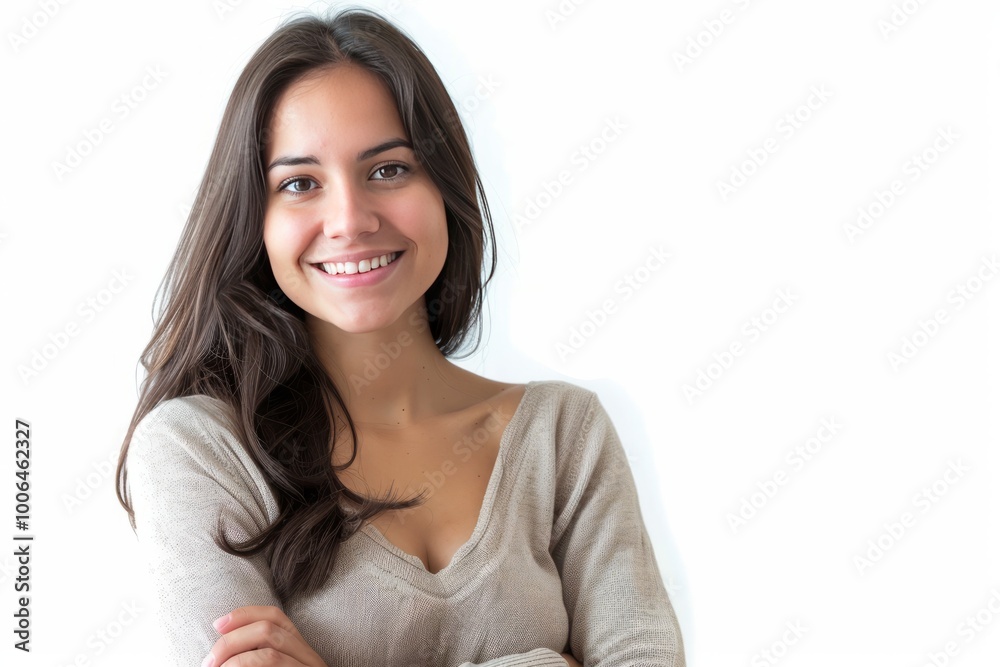 Canvas Prints Young woman with arms crossed and a joyful smile, isolated on white , background blur