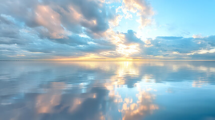 sunset over the lake. serene sunrise over calm lake with clouds reflecting on water surface. nature background, peaceful backdrop, wallpaper 