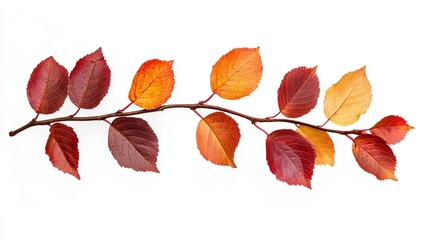 Branch showing colorful autumn leaves on white background