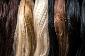 Naklejka premium Natural hair extensions with soft texture in multiple shades of brown, black, blonde. Perfect for salons, hairstylists, and beauty professionals looking for high-quality hair solutions