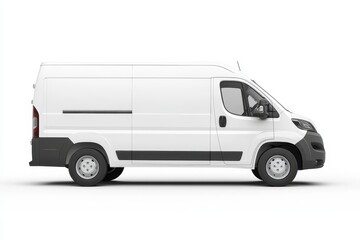 White van, side view on a white background. White delivery car with a copy space area for your design or text.