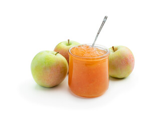 Homemade apple jam in glass jar isolated on white background