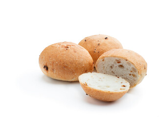 Freshly baked onion buns isolated on white background