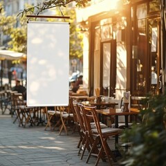 ## Blank Banner Mockup: Cafe Outdoor Seating & Busy Street 