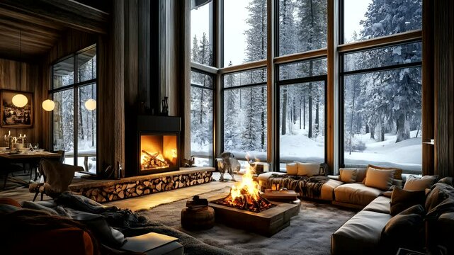 Cozy modern cabin with large windows and fireplace overlooking snowy winter landscape. Seamless looping time-lapse animation video background