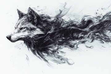 A striking black and white illustration of wolfs head, featuring dynamic tribal flames that evoke sense of power and mystique. artwork captures essence of wolf in captivating way