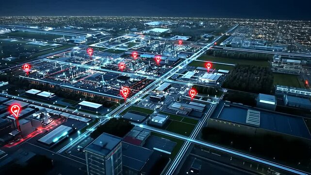 A bird's-eye view of an industrial zone, with bold, red location markers on key facilities and thick blue lines showing connections and access routes between different land plots