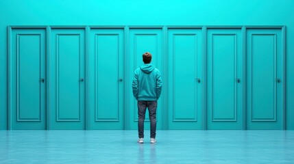 Fototapeta premium Closed Doors of Opportunity: A person standing in front of multiple closed doors, but not attempting to open any, representing the refusal to explore new possibilities
