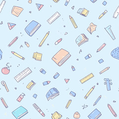 Seamless pattern of educational graphic drawings of various school supplies such as pencils, books, rulers on a light blue background, perfect for creating fabric patterns, bed sheets or wallpapers.