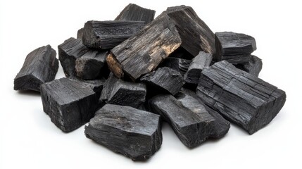 Natural wood charcoal pieces piled on white background