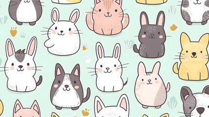 Adorable Cartoon Animals in Pastel Repeat Pattern for Cute Designs