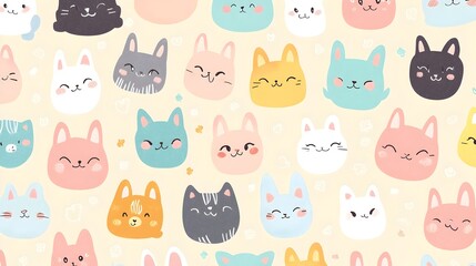 Adorable Cartoon Animals in Pastel Colored Repeating Pattern