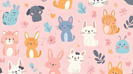 Adorable Cartoon Pets in Pastel Colored Repeating Pattern Design