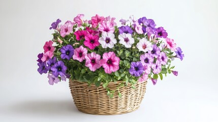 Wicker basket overflowing with colorful petunias on white background