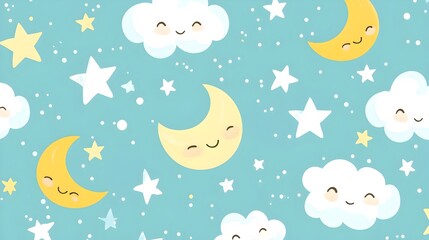 Obraz premium Magical Celestial Pattern with Smiling Stars and Moons on Soft Cloud Background