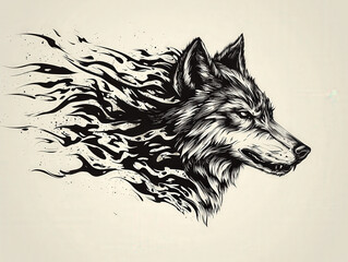 A striking illustration of wolfs head, featuring tribal flames that create dynamic sense of movement and intensity. sharp features and detailed fur add to fierce expression