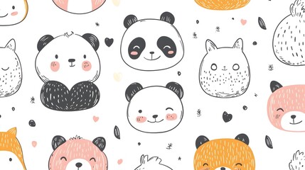 Whimsical Hand-Drawn Pattern of Cute Baby Animals - Pandas,Foxes,and Elephants