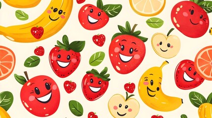 Cheerful Fruit Characters in Repeating Vibrant Pattern Design