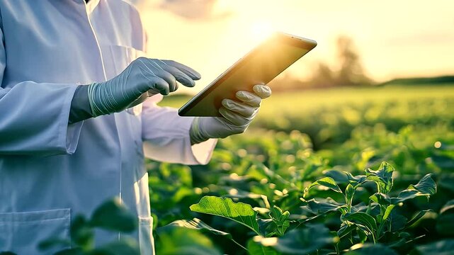 A scientist in a white lab coat and gloves uses a tablet while examining crops in a sunlit field, symbolizing the integration of technology and biotechnology in agriculture