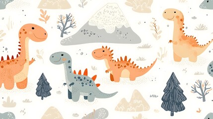 Playful Dinosaurs in Pastel Tones Arranging Volcanoes and Trees in Whimsical Pattern