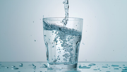Pouring water into glass on white background